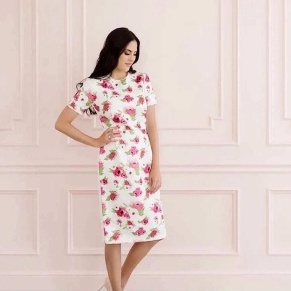 RACHEL PARCELL L WHITE Pink Peonies classic cottagecore sheath dress softcore